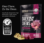 Package of Vinia Daily Formula 2X Chews with gold foil-covered chews on a black background