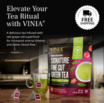 VINIA Signature Fine Cut Green Tea package and glass cup with tea bags on counter, promoting red grape cell superfood infusion for improved blood flow, arterial dilation, and antioxidant support, with free shipping offer.