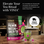 Product image for VINIA Blood Flow Energy Premium Matcha + Green Tea, featuring the packaging and a cup of prepared tea, with a 'Free Shipping' badge.