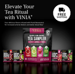 VINIA Blood Flow Energy Tea Sampler pack with four tea flavours—English Breakfast Black Tea, Signature Fine Cut Green Tea, Cranberry Hibiscus Herbal Tea, and Premium Matcha Green Tea—promoting Piceid Resveratrol for improved blood flow and free shipping offer.