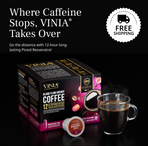 VINIA Blood Flow Energy Coffee box and steaming cup of medium roast coffee with text ‘Where caffeine stops, VINIA takes over’. Promotes 12-hour sustained release Piceid Resveratrol for long-lasting energy and free shipping.
