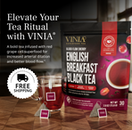 Packaging of VINIA Blood Flow Energy English Breakfast Black Tea with a cup of tea on the side, indicating increased arterial dilation and better blood flow with a 'Free Shipping' offer.