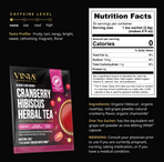 VINIA Cranberry Hibiscus Herbal Tea nutrition facts and ingredients, showing zero calories per serving, organic hibiscus, red grape powder, and cranberry flavor. Highlights caffeine-free tea sachet infused with VINIA red grape cell powder for improved blood flow and antioxidant benefits.