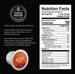 VINIA Blood Flow Energy Medium Roast Decaf Coffee nutrition facts and product details showing 10 calories per serving, Central & South American origin, chocolate and smoky tasting notes, and VINIA Red Grape Powder with 23 mg of polyphenols including 6 mg Piceid Resveratrol.