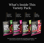 VINIA Tea Variety Pack contents featuring four flavours: Premium Matcha + Green Tea, Cranberry Hibiscus Herbal Tea, Signature Fine Cut Green Tea, and English Breakfast Black Tea, each infused with red grape cell powder equivalent to one VINIA capsule.
