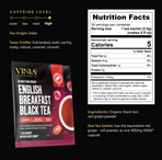 VINIA English Breakfast Black Tea nutrition facts and packaging, showing 5 calories per serving, high caffeine level, bold malty flavour profile, and infusion with red grape cell powder for improved blood flow and antioxidant benefits.