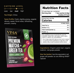 VINIA Premium Matcha + Green Tea nutrition facts and packaging, showing 5 calories per serving, medium caffeine level, organic green tea and matcha with red grape powder for smooth, antioxidant-rich flavor and blood flow support.