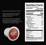 VINIA Blood Flow Energy Medium Roast Coffee nutrition facts and product details showing 10 calories per serving, Central & South American coffee origin, and inclusion of VINIA Red Grape Powder with 23 mg of polyphenols and 6 mg Piceid Resveratrol per pod.